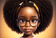 Portrait Of A Student Girl With Glasses. Cartoon Kid Afro Hair Black Eyes Close Up. AI Generative
