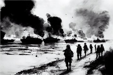 Wall Mural - A black and white pen illustration of the Allied invasion of occupied France during Operation Overlord D-Day on the 6th of June 1944 in Normandy.