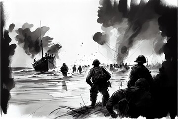 Wall Mural - A black and white pen illustration of the Allied invasion of occupied France during Operation Overlord D-Day on the 6th of June 1944 in Normandy.
