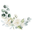 © Veris Studio - Watercolor floral illustration bouquet - white flowers, rose, peony, green and gold leaf branches collection. Wedding stationary, greetings, wallpapers, fashion, background. Eucalyptus, olive, leaves.