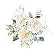 Watercolor floral illustration bouquet - white flowers, rose, peony, green and gold leaf branches collection. Wedding stationary, greetings, wallpapers, fashion, background. Eucalyptus, olive, leaves.