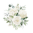 © Veris Studio - Watercolor floral illustration bouquet - white flowers, rose, peony, green and gold leaf branches collection. Wedding stationary, greetings, wallpapers, fashion, background. Eucalyptus, olive, leaves.