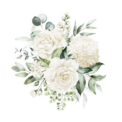 Wall Mural - Watercolor floral illustration bouquet - white flowers, rose, peony, green and gold leaf branches collection. Wedding stationary, greetings, wallpapers, fashion, background. Eucalyptus, olive, leaves.