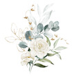 © Veris Studio - Watercolor floral illustration bouquet - white flowers, rose, peony, green and gold leaf branches collection. Wedding stationary, greetings, wallpapers, fashion, background. Eucalyptus, olive, leaves.