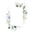 © Veris Studio - Watercolor floral illustration - green leaves and branches wreath frame with geometric shape. Wedding stationary, greetings, wallpapers, fashion, background. Eucalyptus, olive, green leaves.