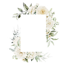 Watercolor Floral Illustration - White Flowers, Rose, Peony, Leaves And Branches Wreath Frame. Wedding Stationary, Greetings, Wallpapers, Fashion, Background. Eucalyptus, Olive, Green.