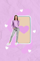 Sticker - Vertical collage picture of cheerful mini girl indicate finger huge telephone screen drawing heart isolated on pink background