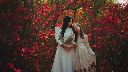 Poster - Two fantasy women walking in forest, young mother and adult daughter. Vintage dress. Owl barn owl white bird sits on hand Wisdom sign symbol. Woman queen and little girl princess. Autumn nature trees