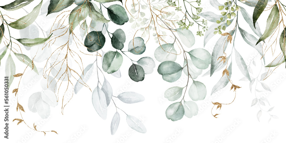 Watercolor seamless border - illustration with green gold leaves and ...
