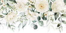 Watercolor Seamless Border - Illustration With Green Gold Leaves, White Flowers, Rose, Peony And Branches, For Wedding Stationary, Greetings, Wallpapers, Fashion, Backgrounds, Wrappers, Cards.