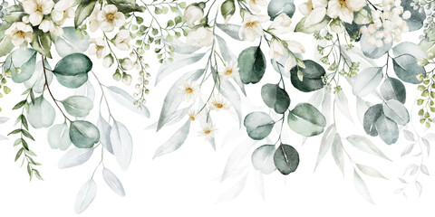 Wall Mural - Watercolor seamless border - illustration with green gold leaves, white flowers, rose, peony and branches, for wedding stationary, greetings, wallpapers, fashion, backgrounds, wrappers, cards.