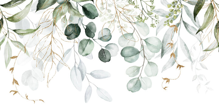 watercolor seamless border - illustration with green gold leaves and branches, for wedding stationar