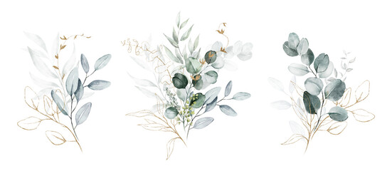 Wall Mural - Watercolor floral illustration set - green gold leaf branches collection, for wedding stationary, greetings, wallpapers, fashion, background. Eucalyptus, olive, leaves.