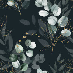 Wall Mural - Seamless watercolor floral pattern - eucalyptus, leaves, green gold branches composition on black background. Wrappers, wallpapers, postcards, greeting cards, wedding invitations, prints, posters.