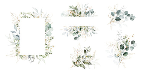 Wall Mural - Watercolor floral illustration set - bouquets, frame, border. White flowers, rose, peony, gold green leaf branches collection. Wedding invites, wallpapers, fashion. Eucalyptus olive  leaves chamomile.