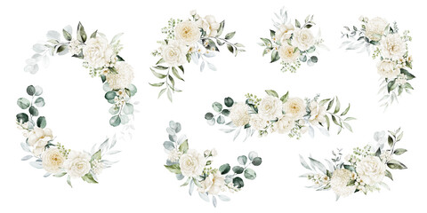 Wall Mural - Watercolor floral illustration set - bouquets and wreath. White flowers, rose, peony, green leaf branches collection. Wedding invites, wallpapers, fashion. Eucalyptus olive  leaves chamomile.