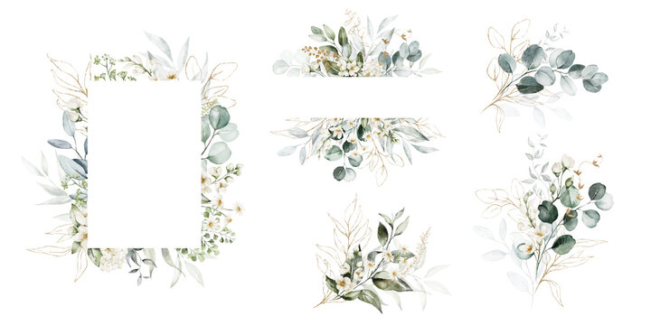 Watercolor floral illustration set - bouquets, frame, border. White flowers, rose, peony, gold green leaf branches collection. Wedding invites, wallpapers, fashion. Eucalyptus olive  leaves chamomile.