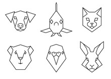 Set Of Polygon Pet Animals Icons. Geometric Heads Of A Dog, Fish, Cat, Guinea Pig, Parakeet And Rabbit. Linear Style Vector Collection Illustration. Veterinary Healthcare.