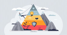 Self Actualization As Top Layer From Maslow Pyramid Tiny Person Concept. Personal Desire For Psychological Happiness, Life Ambition Fulfillment And Development Goal Satisfaction Vector Illustration.