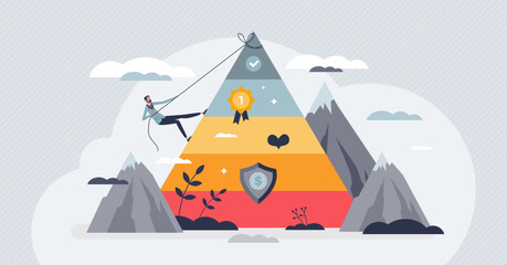 self actualization as top layer from maslow pyramid tiny person concept. personal desire for psychol