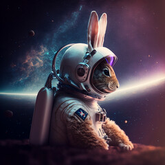 generative ai rabbit astronaut in cosmonaut suit exploring outer space universe