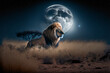a lion lies in the savannah at night in the background is a large moon. Generative AI