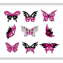 Y2k Glamour Tattoos Silhouettes. Flame Butterfly Tattoo In Trendy Emo Goth 2000s Style. Vector Hand Drawn Icon. 90s, 00s Aesthetic. Pink, Black Colors.