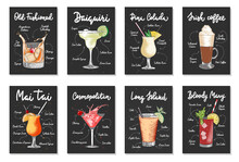 Set Of 8 Advertising Recipe Lists With Alcoholic Drinks, Cocktails And Beverages Lettering Posters, Wall Decoration, Prints, Menu Design. Hand Drawn Vector Engraved Sketches. Handwritten Calligraphy.