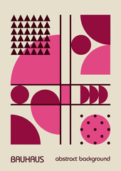 Wall Mural - Minimal vintage 20s geometric design posters, wall art, template, layout with primitive shapes. Bauhaus pink magenta retro pattern background, vector abstract circle, triangle and square line art.