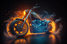 Burning Chopper Bike Made Of Fire, Smoke And Sparks On Black Background.  
Digitally Generated AI Image. 