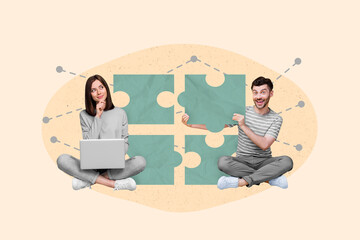 Aufkleber - Composite collage image of two positive mini people girl use netbook brainstorming excited guy hold puzzle piece isolated on painted background