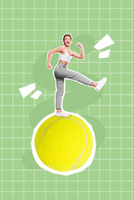 Collage 3d Image Of Pinup Pop Retro Sketch Of Smiling Excited Lady Walking Big Tennis Ball Isolated Painting Background