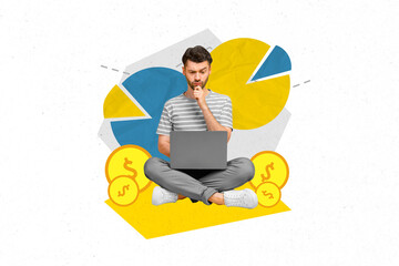 Poster - Creative photo 3d collage artwork postcard poster of young minded man project startup increase budget isolated on painting background