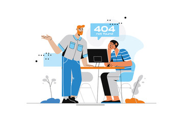 Aufkleber - 404 not found concept with people scene in flat style. Man and woman looking page problems and fixing errors with site connection or program bug. Illustration with character design for web
