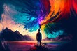 Leinwanddruck Bild - Silhouetted figure standing in front of a colourful vortex appearing in the sky. Generative AI, this image is not based on any original image, character or person.