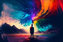 Silhouetted Figure Standing In Front Of A Colourful Vortex Appearing In The Sky. Generative AI, This Image Is Not Based On Any Original Image, Character Or Person.