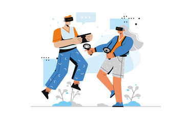 Aufkleber - Metaverse concept with human scene in flat style. Man and woman in VR headset with controllers and tablet play and interact with virtual reality. Illustration with character design for web