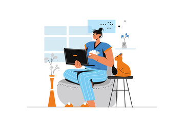 Canvas Print - Freelance concept with human scene in flat style. Woman works as freelancer and performs tasks remotely using laptop from comfortable home office. Illustration with character design for web