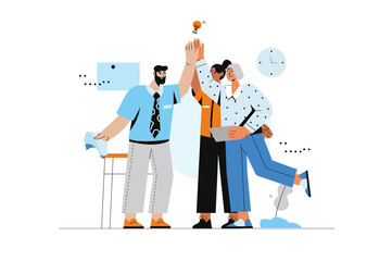 Aufkleber - Teamwork concept with human scene in flat style. Man and women work together, high five and celebrate success work, collaborating in job together. Illustration with character design for web
