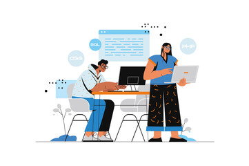 Wall Mural - Coding concept with human scene in flat style. Man and woman frontend and backend developers working with code, programming software and programs. Illustration with character design for web