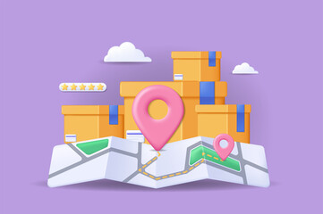 Aufkleber - Realistic concept of delivery tracking scene without people in 3D cartoon design. Image of the map and parcels to be delivery.