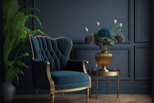 Living Room Interior With Armchair Table And Dark Blue Wall Background.