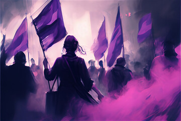 Feminist protest demonstration in purple hues with blurry silhouettes, generative AI