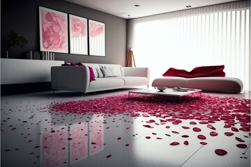 Poster - Romantic living room with rose petals on the floor Valentine's Day, interior