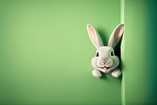 Joyful Rabbit Peeking Out Of A Hole In The Wall, On A Green Background, Created With Generative AI Technology. Copy Space. 