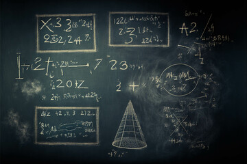 Math equations and formula written in chalk on messy chalkboard