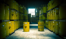 Depot With Storage Of Yellow Barrels With Radioactive And Harmful Waste.
