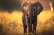  a baby elephant standing in a field of flowers with a yellow background and a red sky in the background with a yellow glow behind it and a yellow sky with a few clouds and a.  generative