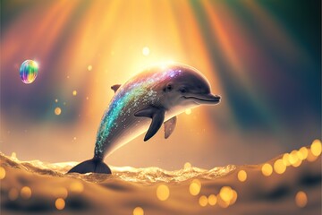  a dolphin is jumping out of the water with bubbles in its mouth and a rainbow - colored tail is visible in the background of the image, with a bright light shining rays  Generative AI