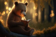  A Bear Is Sitting In The Woods Reading A Book And Looking At The Camera With A Glowing Light On Its Face And A Glowing Light On Its Face Is Shining In The Background Of The.  Generative